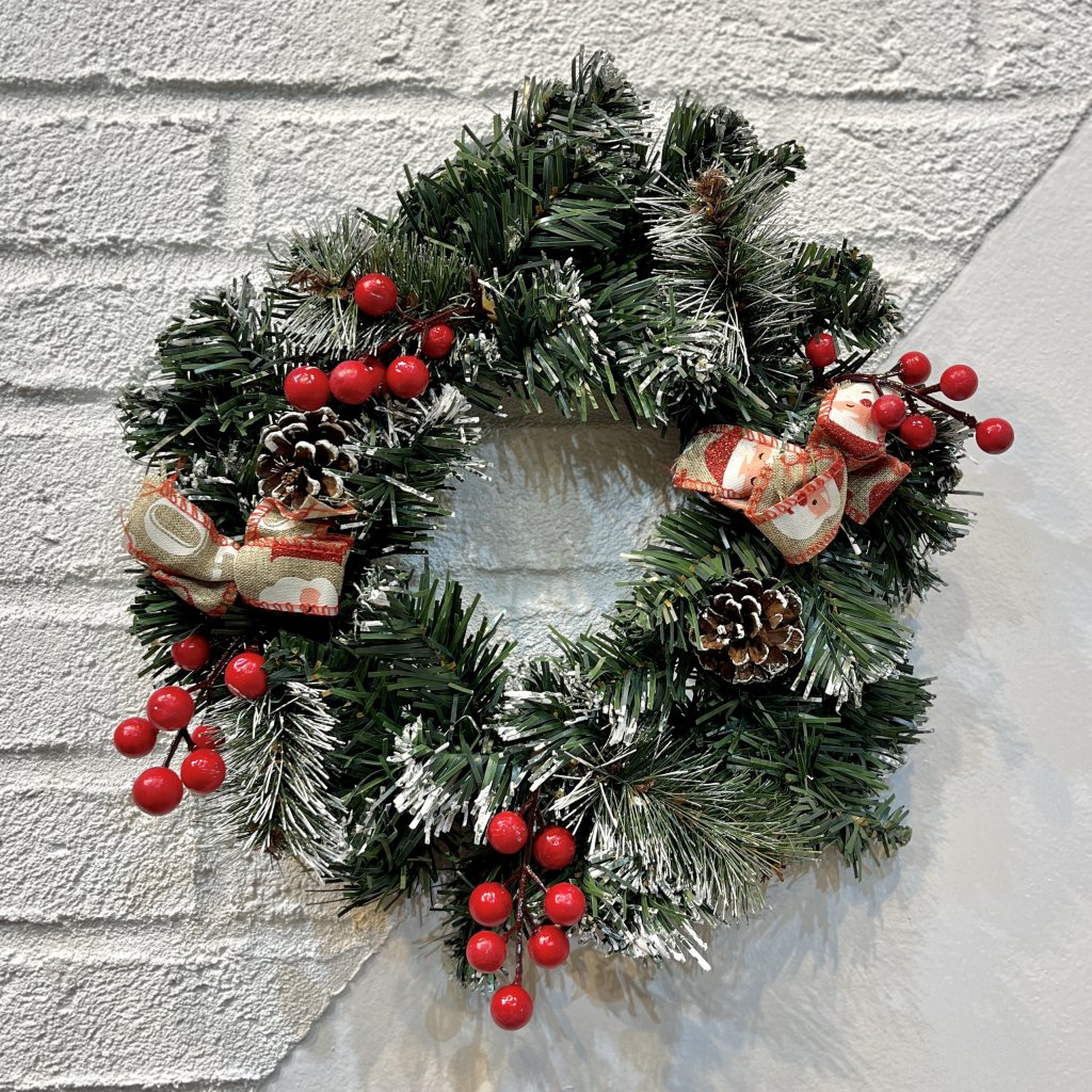 Guirlanda nevada decorada com laços, pinhas e azevinhos 30CM 