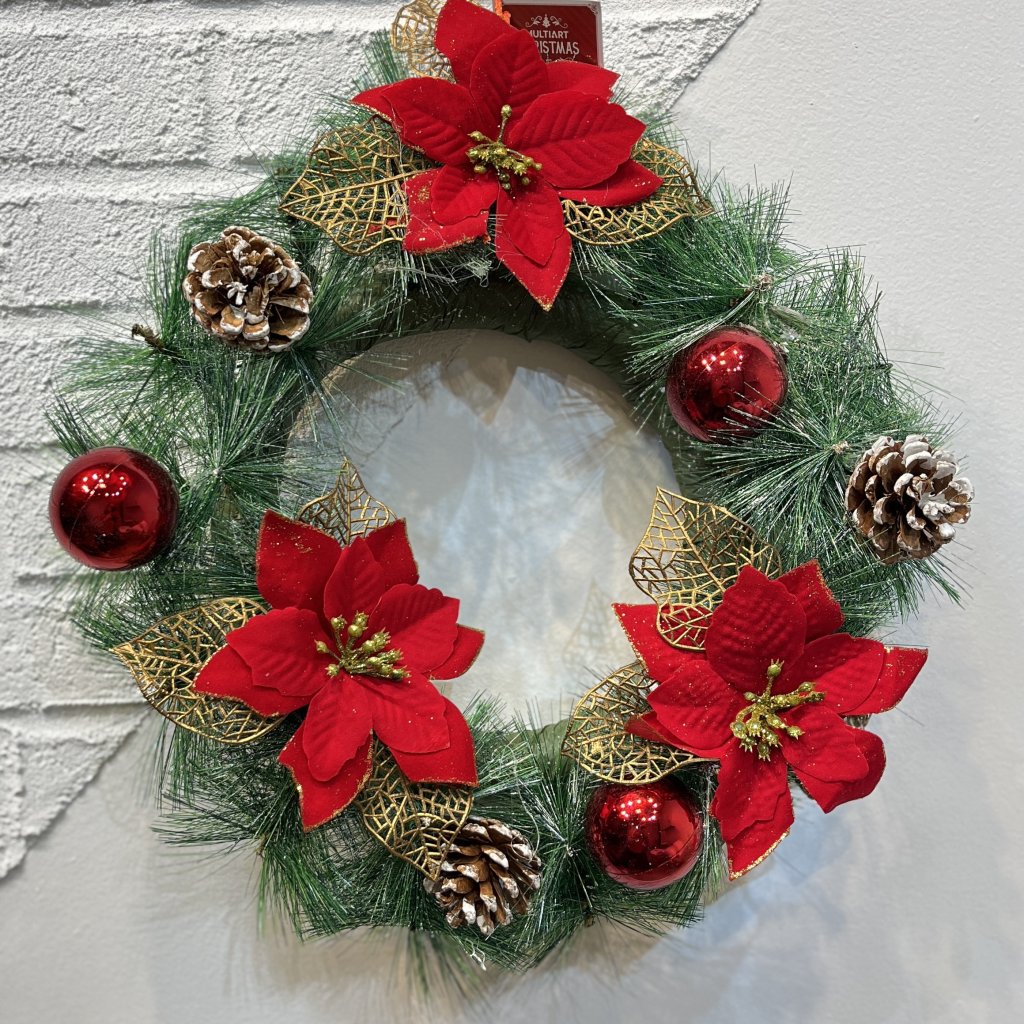 Guirlanda verde decorada com flores e pinhas 30CM  