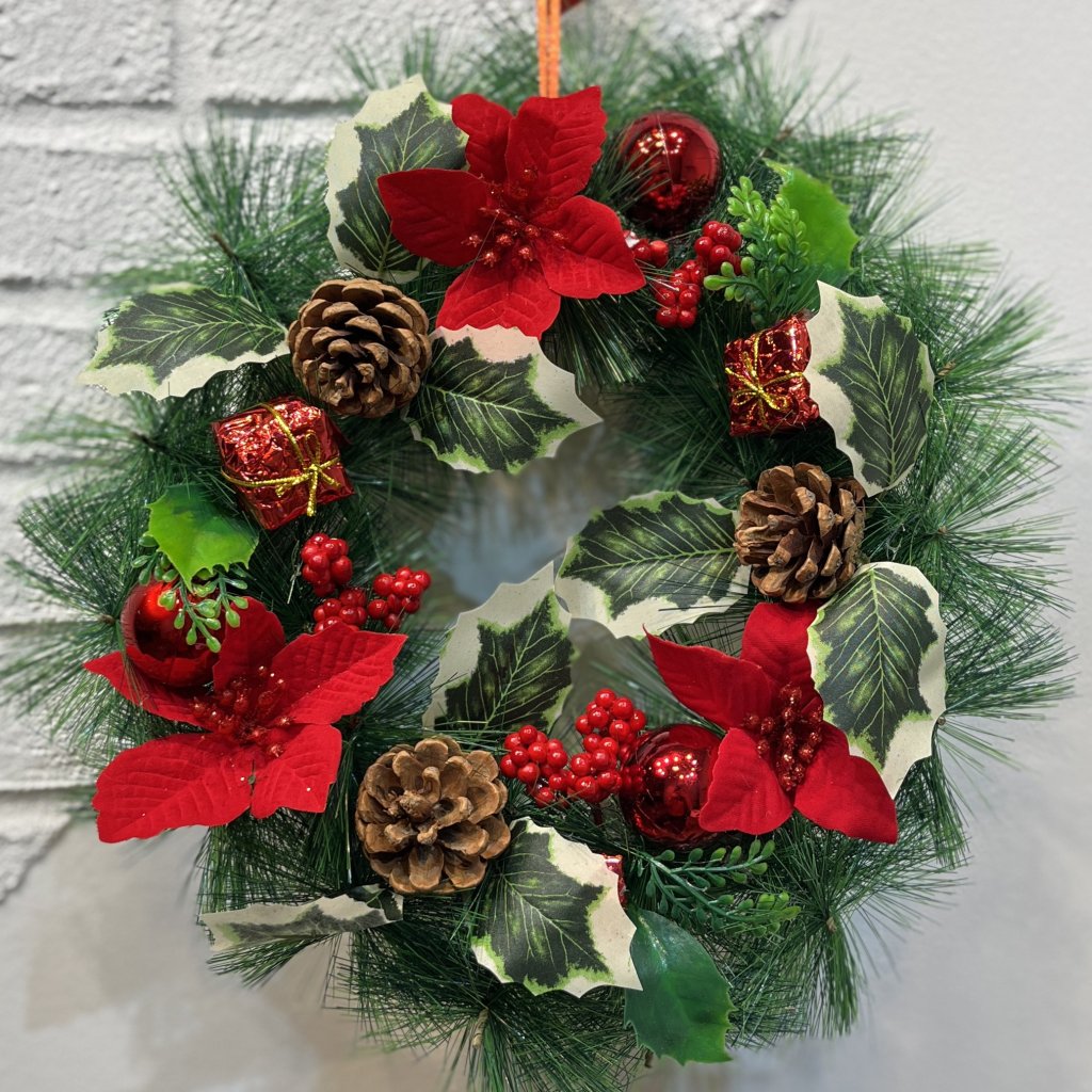 Guirlanda decorada flores e pinhas 30CM 