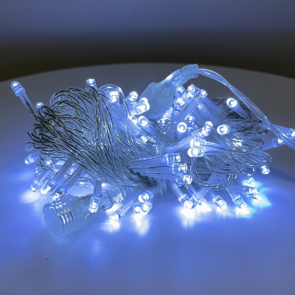 100 leds Fixo Branco frio - fio transparente- tomada Macho / fêmea 