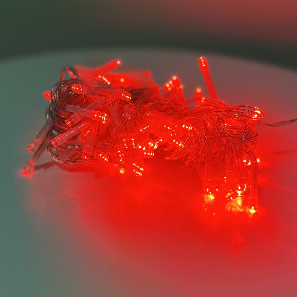 Pisca 100 leds - Vermelho - fio transparente- 8 funções 