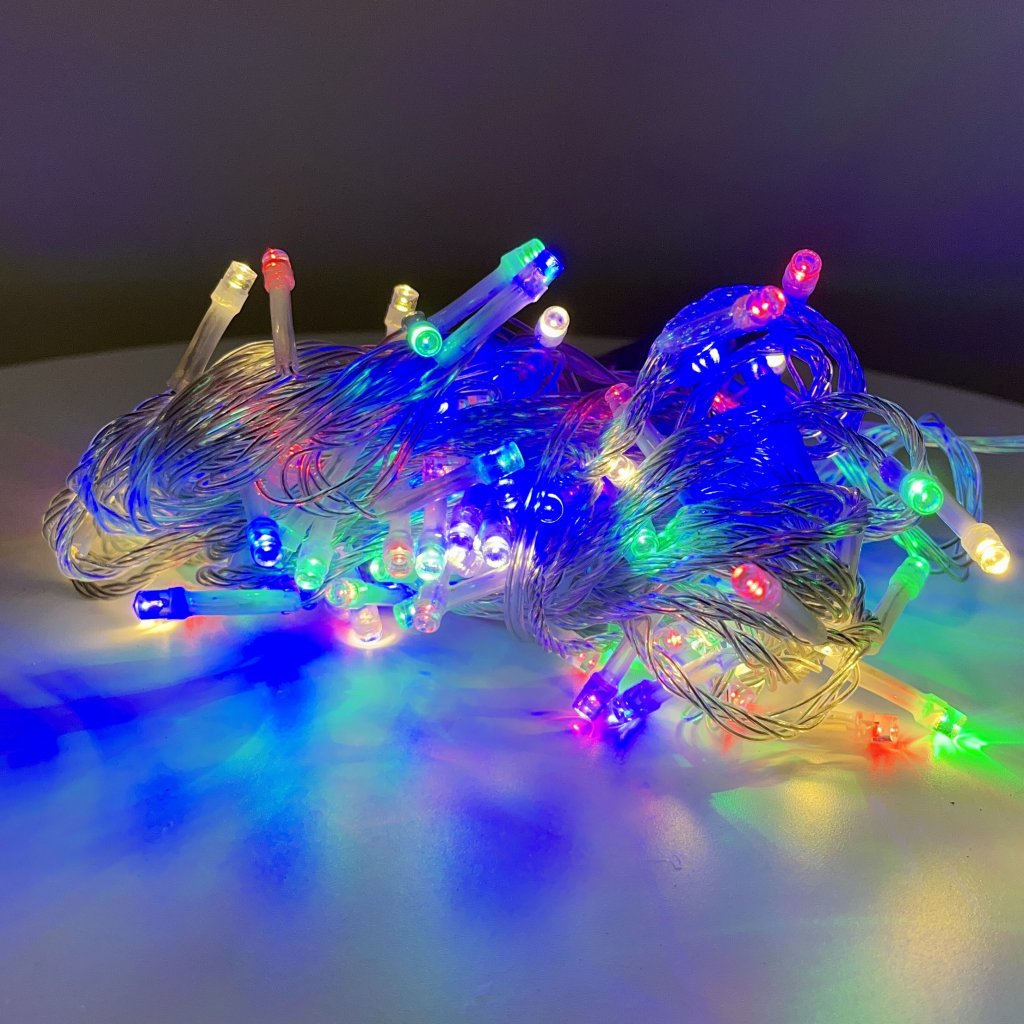 Pisca 100 leds colorido -fio transparente - 8 funções com tomada macho e fêmea 