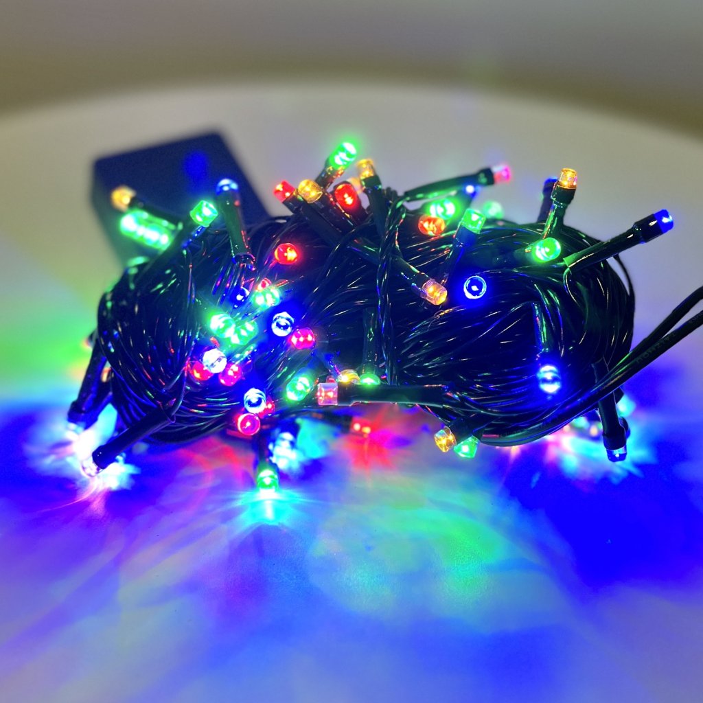 Pisca 100 leds colorido - fio verde - 8 funções 