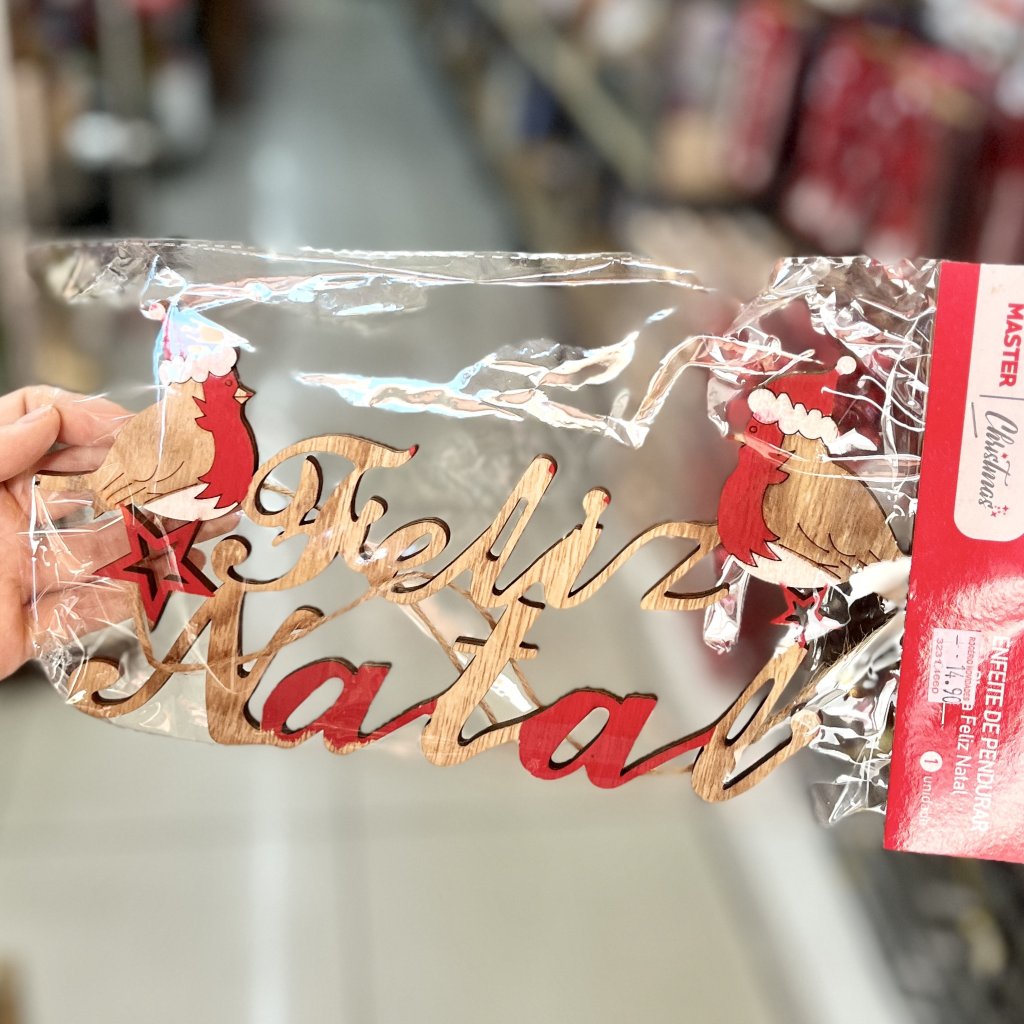 Plaquinha em madeira- Feliz Natal com pássaros 