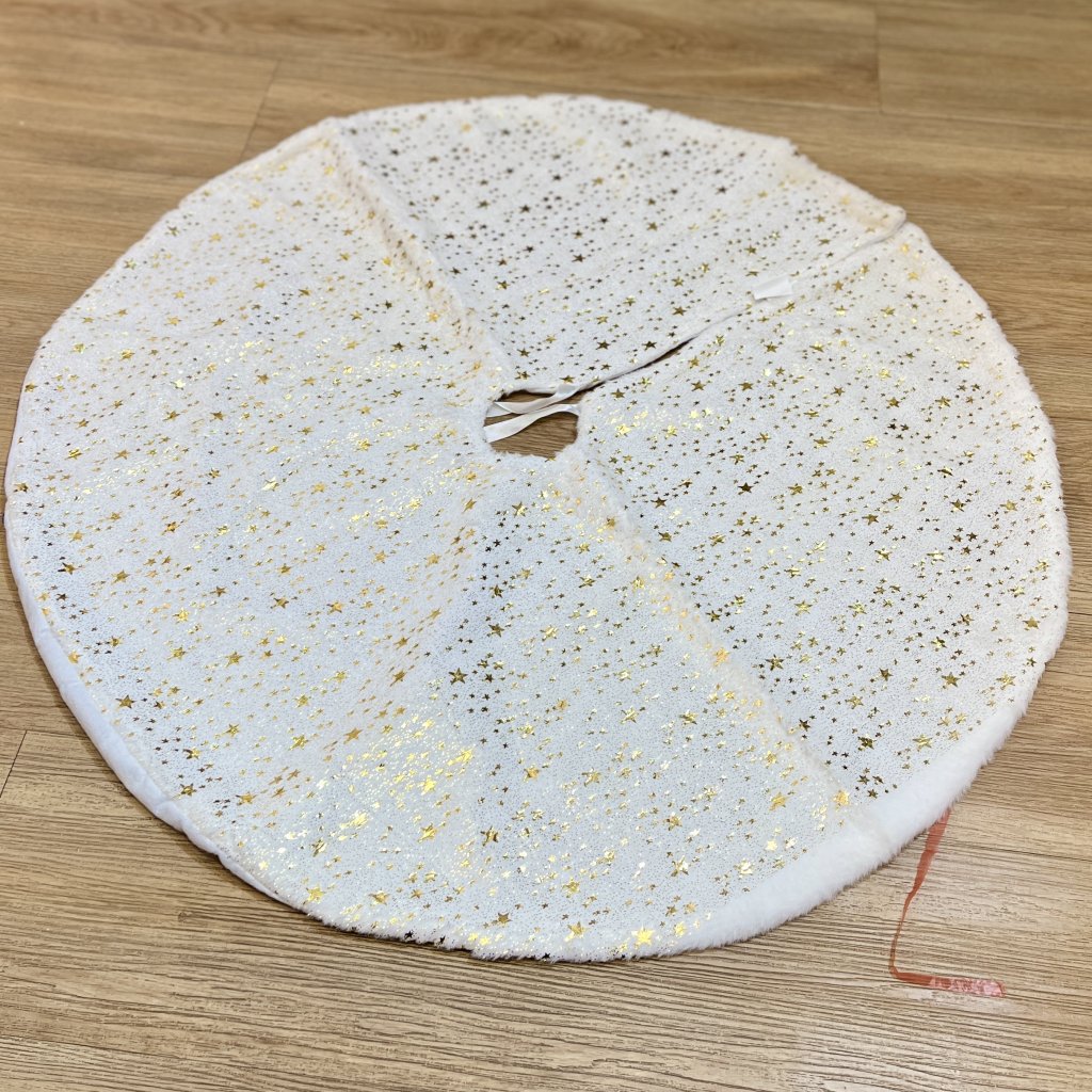 Saia para árvore de Natal 90cm Pelúcia branca com estrelas douradas 