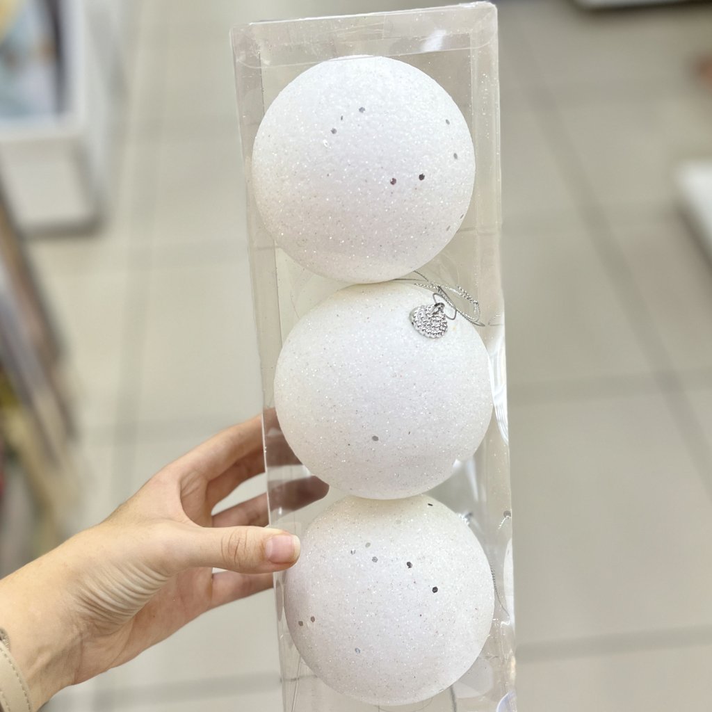 Conjunto 3 bolas brancas com brilho - 10cm 