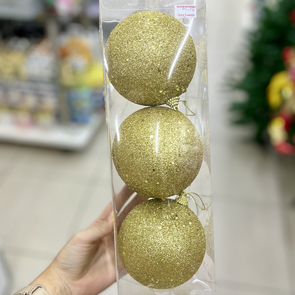 Conjunto 3 bolas de Natal douradas com glitter - 10CM 