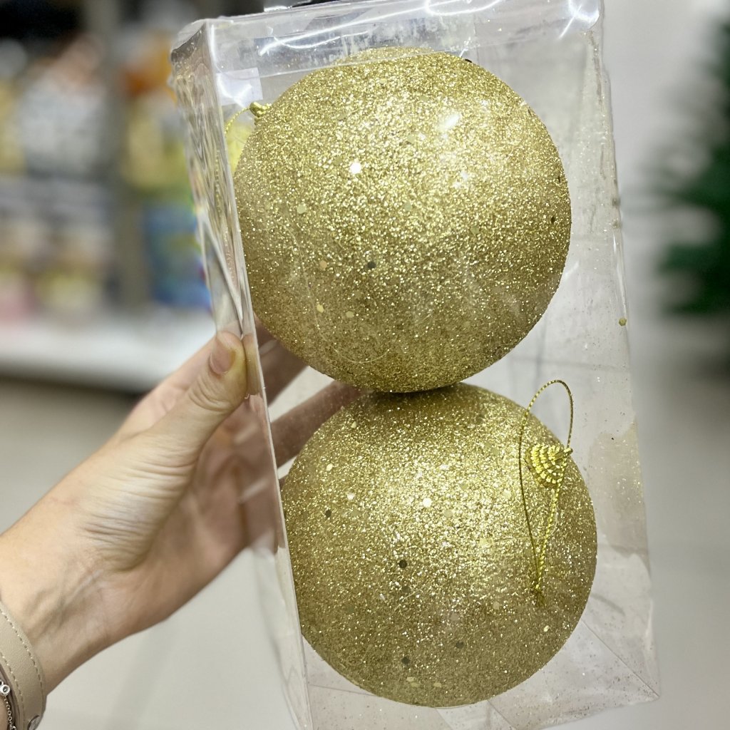 Conjunto 2 bolas de Natal douradas com glitter - 12cm 