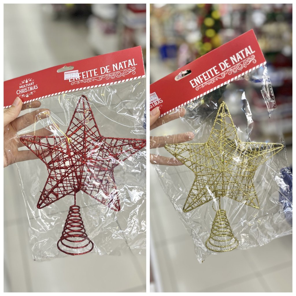 Estrela topo de árvore Vazada e com Glitter 