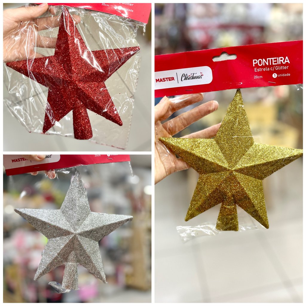 Enfeite Natalino Estrela com glitter topo de Árvore