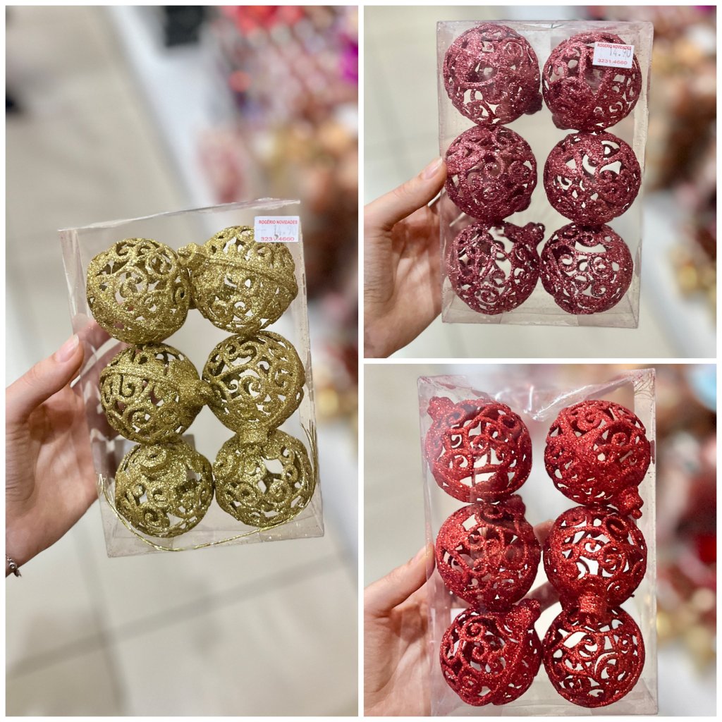 Conjunto 6 bolas vazadas com glitter 6cm 