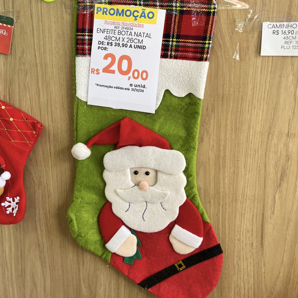 Bota natalina xadrez com papai Noel 