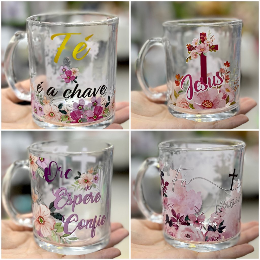 Caneca de vidro 335ml - frases religiosas 