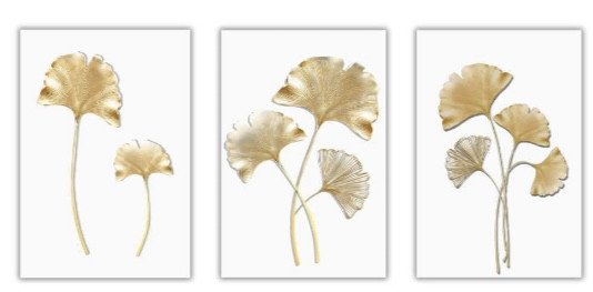 Trio tela decorativa 40CM X 60CM - folha leque dourada