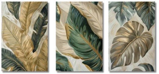 Trio tela decorativa 40CM X 60CM - Folhas verdes e douradas 