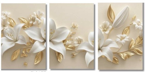 Trio tela decorativa 40CM X 60CM - Lírio branco e dourado