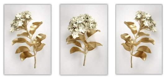Trio tela decorativa 40CM X 60CM - Hortência branca e dourada 