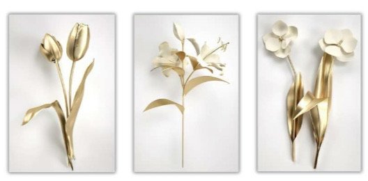 Trio tela decorativa 40CM X 60CM - Rosa branca com dourado 