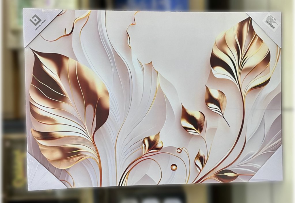 Tela decorativa 60CM X 90cm - folhas douradas fundo branco 