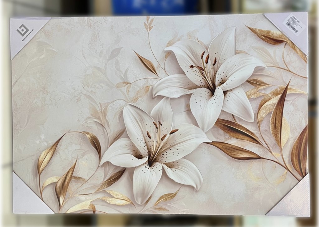 Tela decorativa 60CM X 90cm - Lírio branco e dourado 