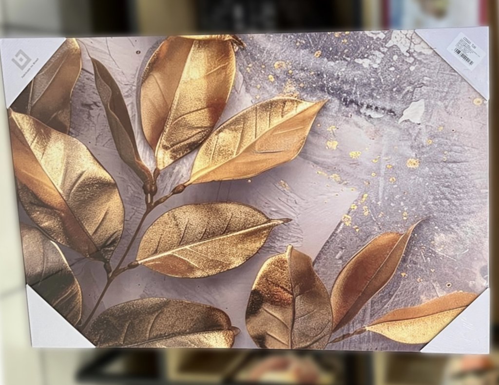 Tela decorativa 60CM X 90cm - Folhas douradas fundo cinza
