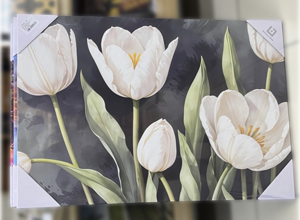 Tela decorativa 60CM X 90cm - Tulipas brancas fundo preto 