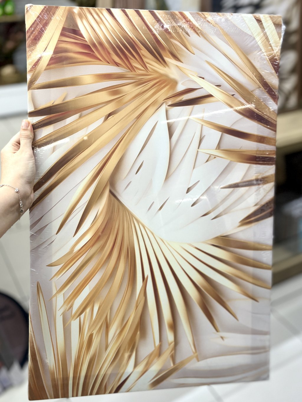 Tela decorativa 40CM X 60CM - Palmeira leque dourada e branca 