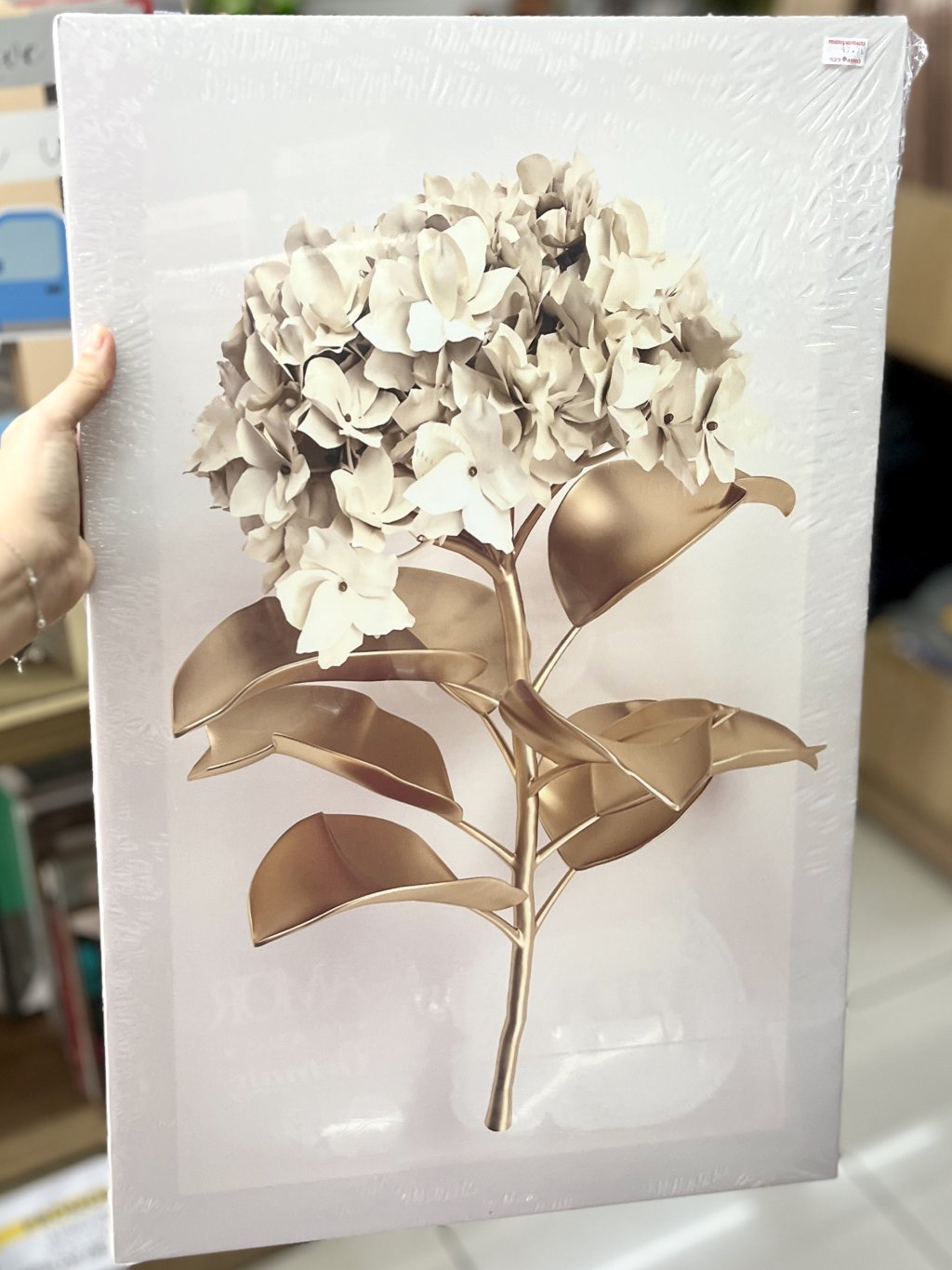 Tela decorativa 40CM X 60CM - Hortênsia branca com dourado 