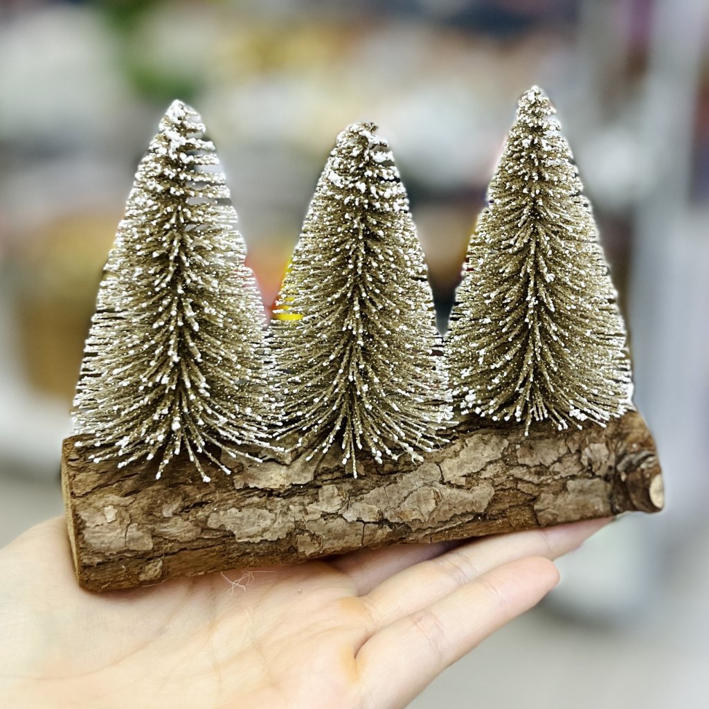 Trio Pinheiro champanhe na tora de madeira 