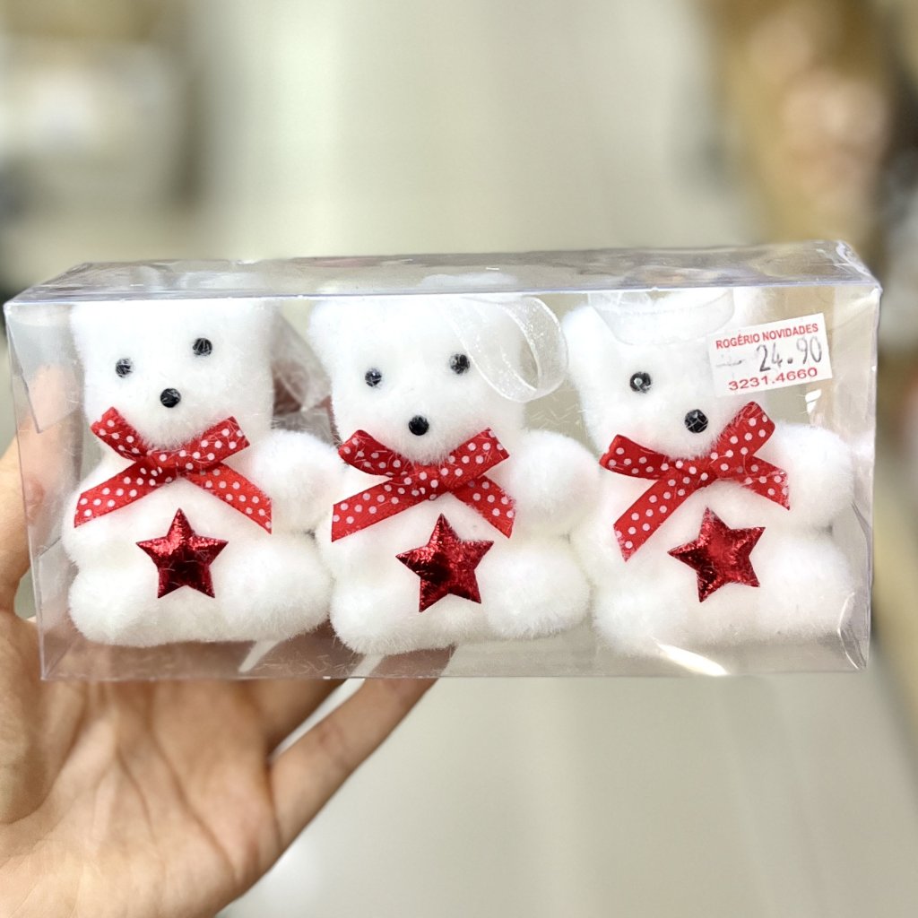 Enfeite ursinho branco com vermelho 3 peças 