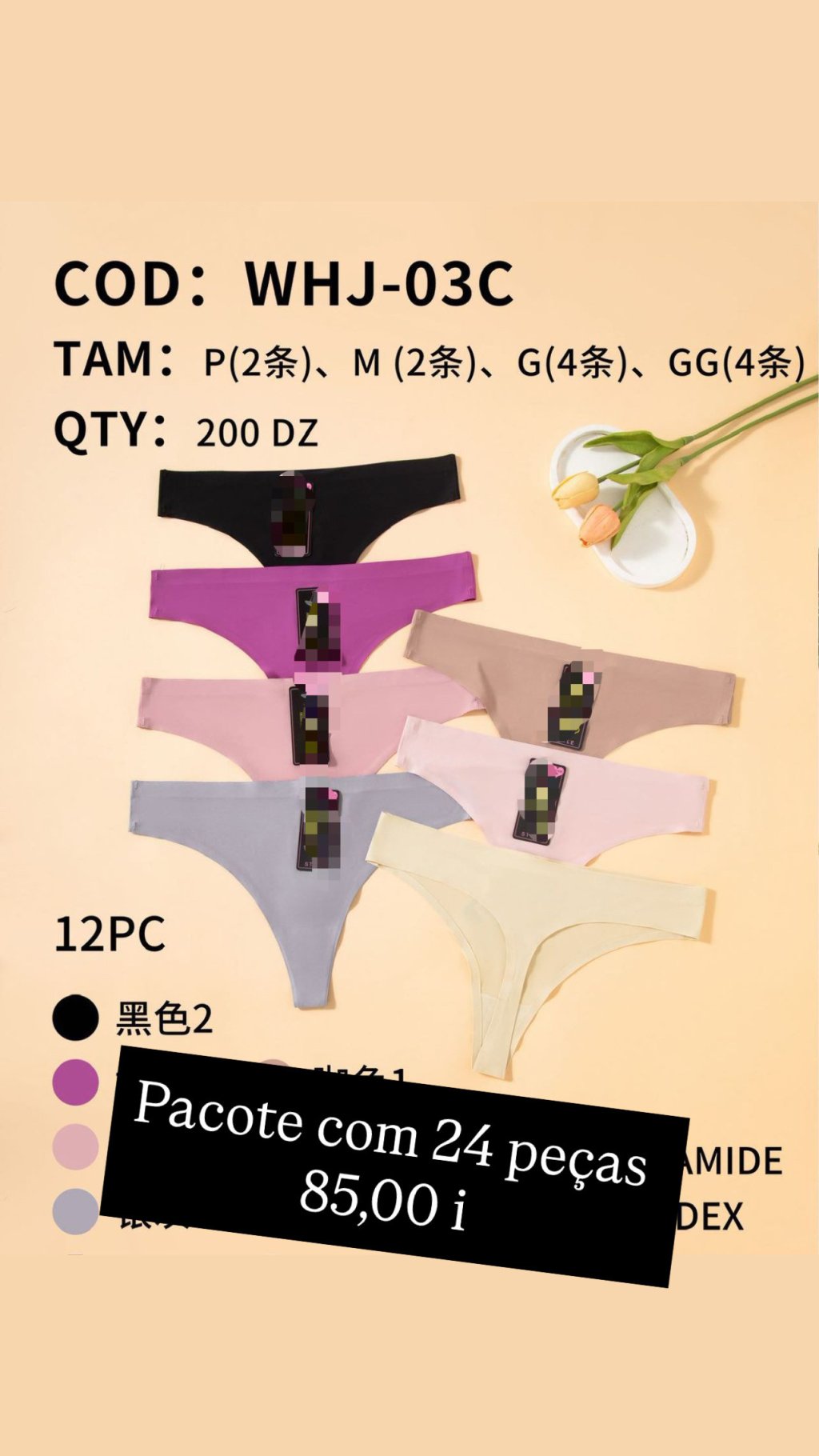 Calcinha Sem Costura Fio Dental - 24 peças