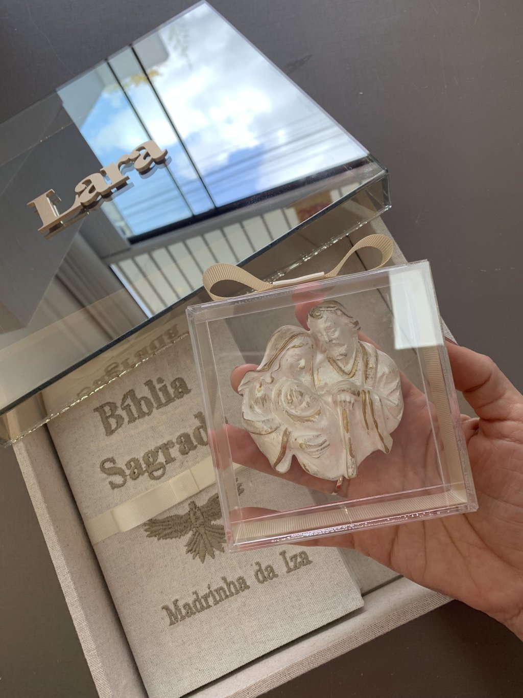 Convite de padrinhos luxo, Bíblia personalizada, 1 caixa acrílico, almofada com terço 
