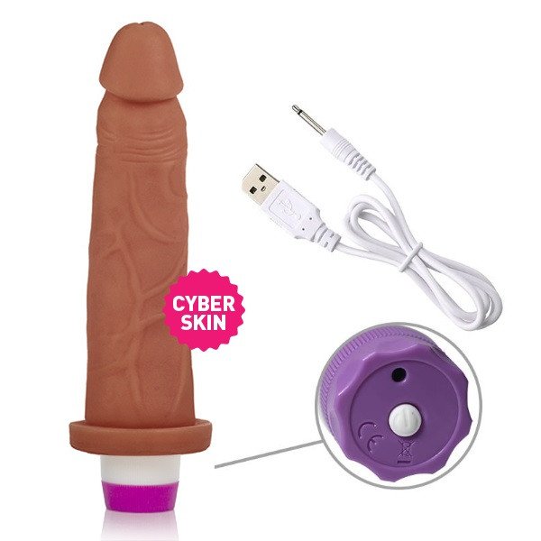 ºPÊNIS MARROM REALÍSTICO EM CYBER SKIN 18,5x4,5CM COM VIBRADOR RECARREGÁVEL- 9853