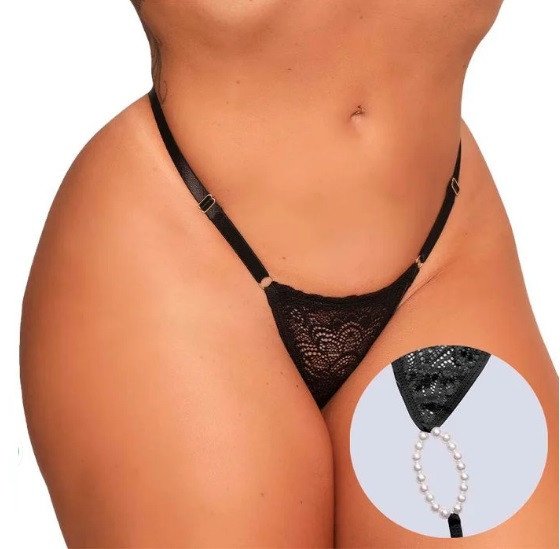 *Calcinha Fio Dental Tailandesa Com Pérolas Massageadoras - PRETA