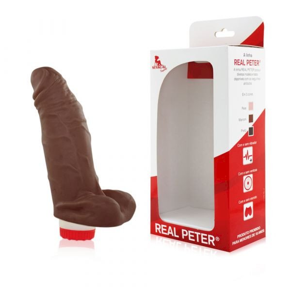 °PRÓTESE PENIANA GORDINHO SACANA MARROM COM ESCROTO E VIBRO - Real Peter 