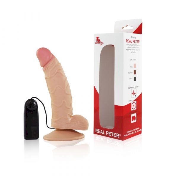 ºPRÓTESE CURVO COM ESCROTO, VENTOSA E VIBRO REAL PETER 