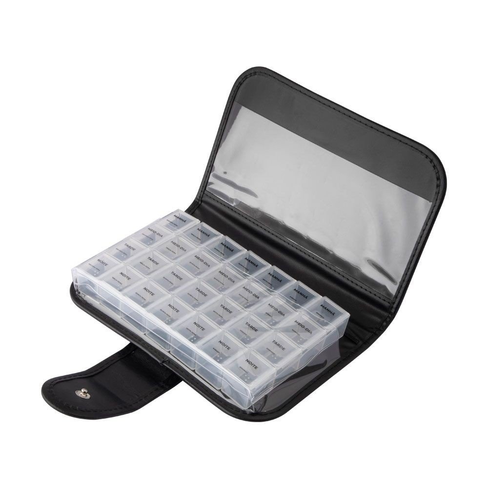 PORTA COMPRIMIDOS MENSAL / SEMANAL 28 COMPARTIMENTOS COM ESTOJO EM COURO SINTÉTICO ALUX