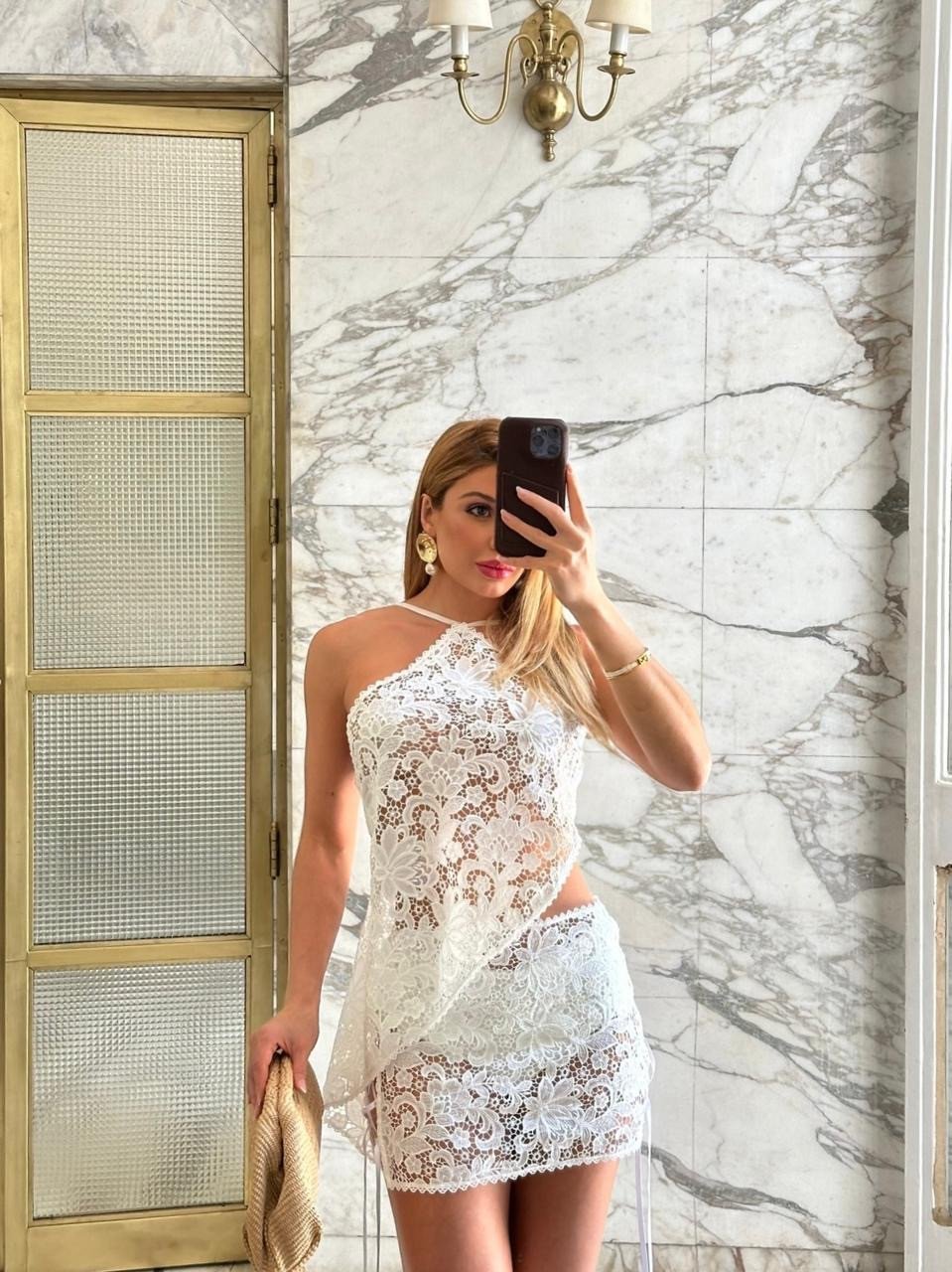 Conjunto gripir sem forro blusa assimetrica e saia curta Salgu SJ-1046