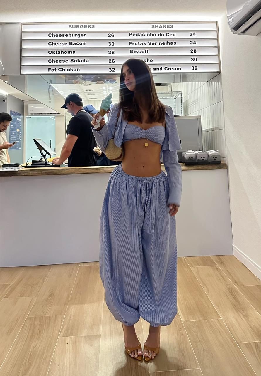 Conjunto listrado top laço cropped camisa e calça Aladim Salgu