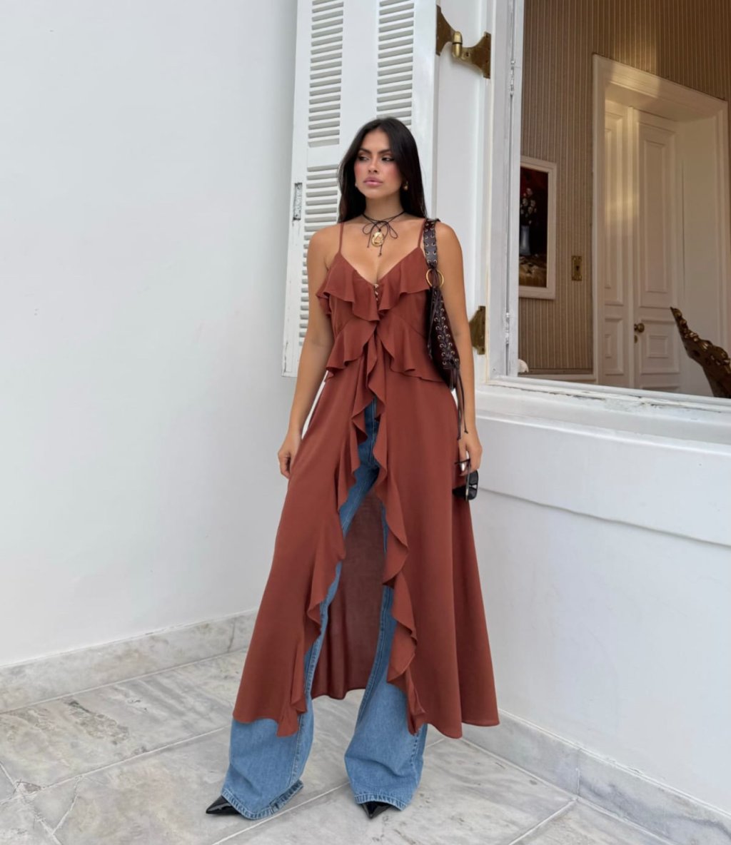 Blusa boho comprida babados Deligth 