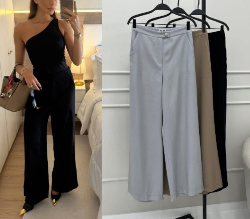 Calça alfaiataria básica pantalona botão irregular HP