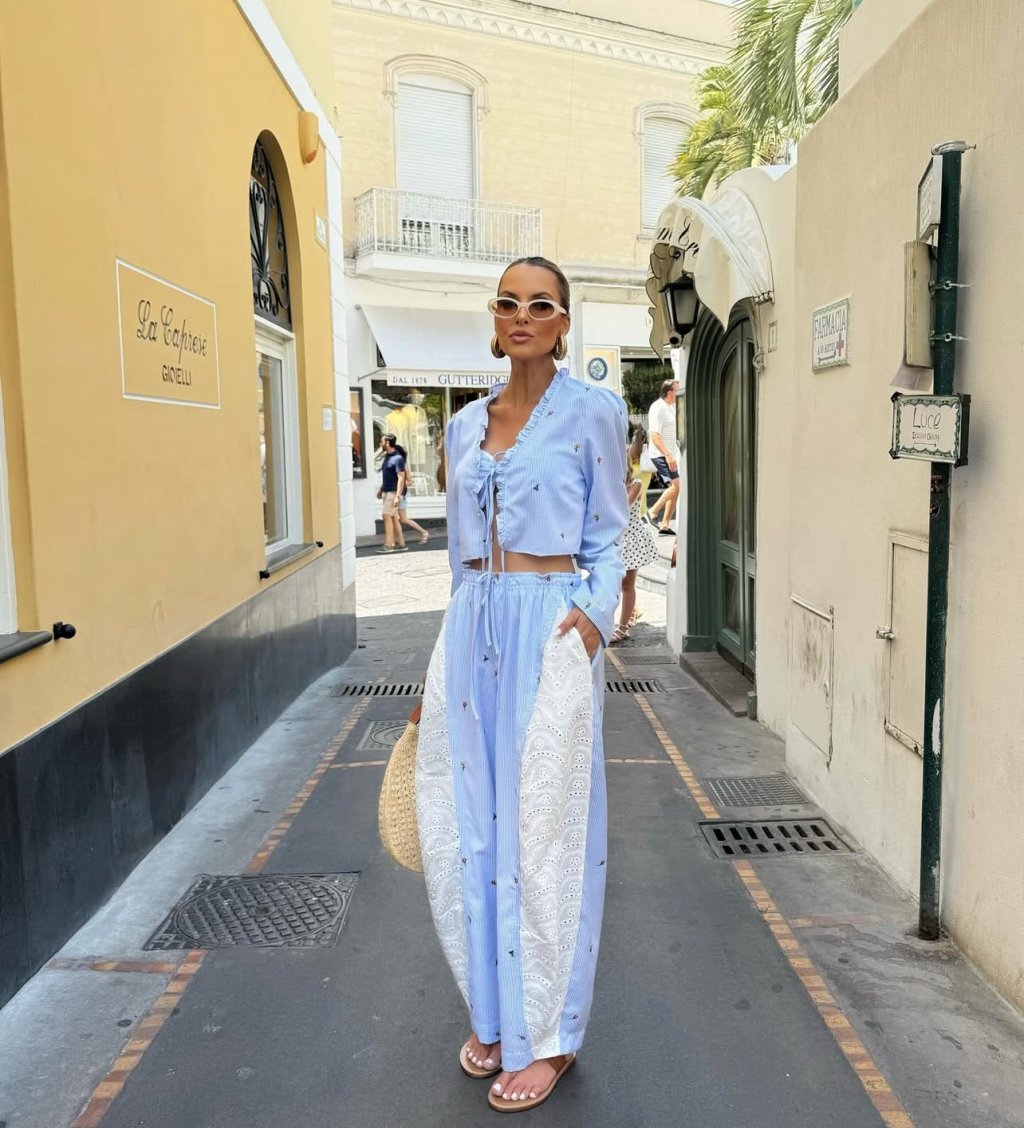 Conjunto tricoline listrado bordado bolero top e calça detalhe lese Salgu