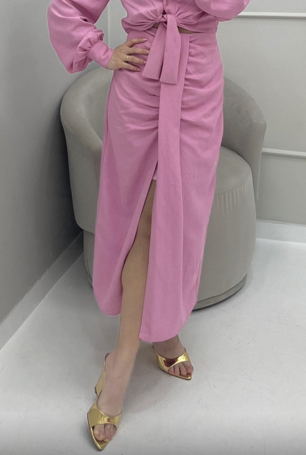 Saia midi franzido e tecido frontal HP