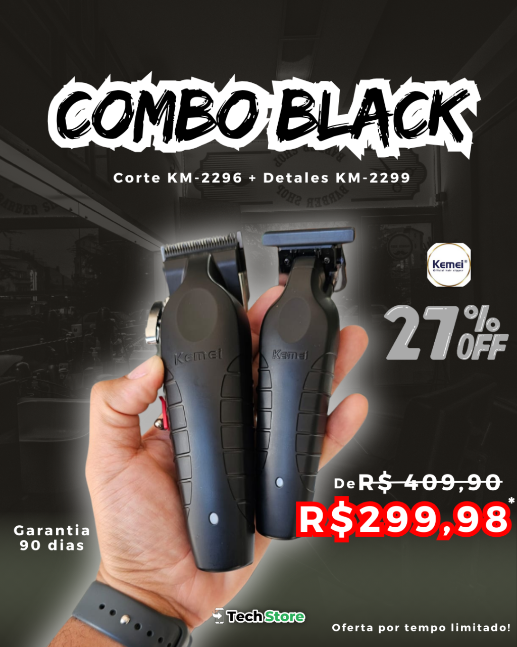 Combo Kemei Black - Máquina de Corte Kemei Black KM-2296 + Detalhes Kemei KM-2299