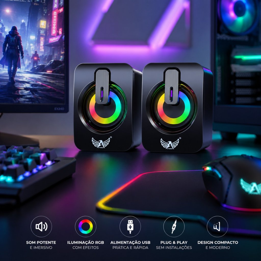 Caixa de Som Gamer para PC e Notebook | LED RGB, 60W RMS, USB e P2 Estéreo