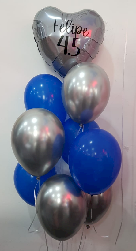 Buquê de Balões com Gás Hélio 1 coração Metalizado Personalizada em Preto + 8 Balões Látex nas Cores Prata e Azul Cobalto