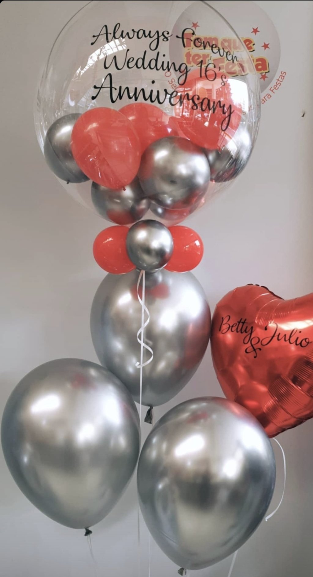 Buquê de Balões com Deco Bubble Shang personalizado, 3 balões de látex e balão metalizado de coração personalizado