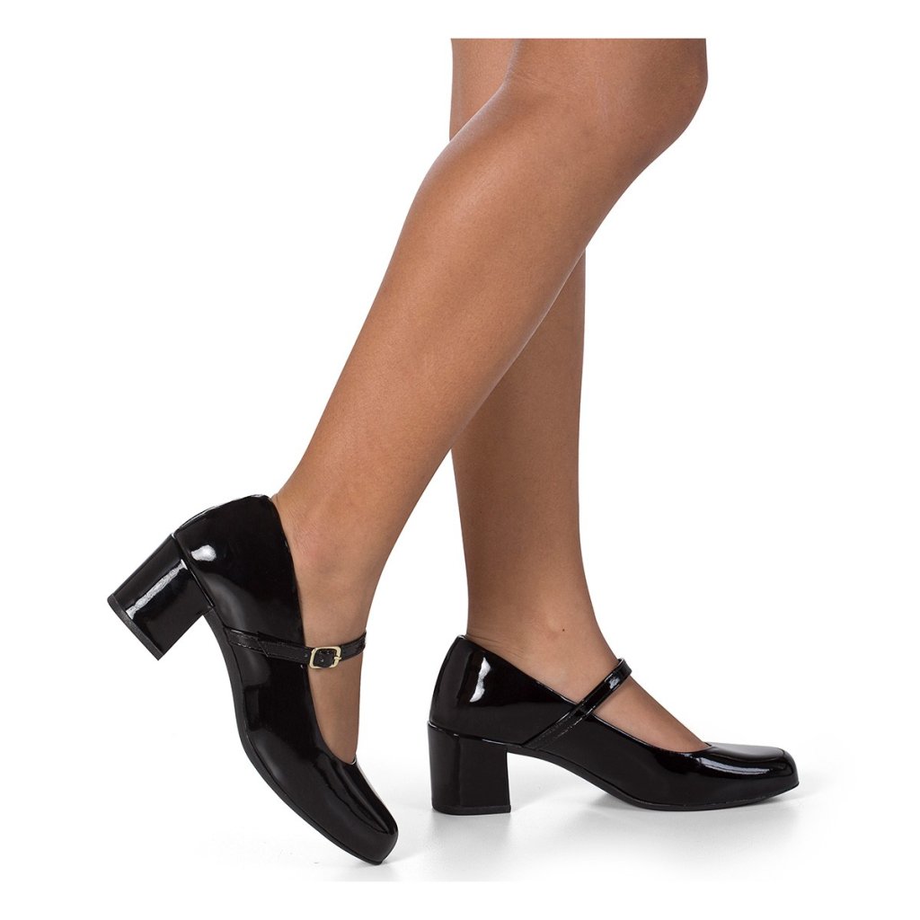 Sapato Scarpin Boneca Bico Quadrado Confortável Ref 1500-298 Verniz Preto