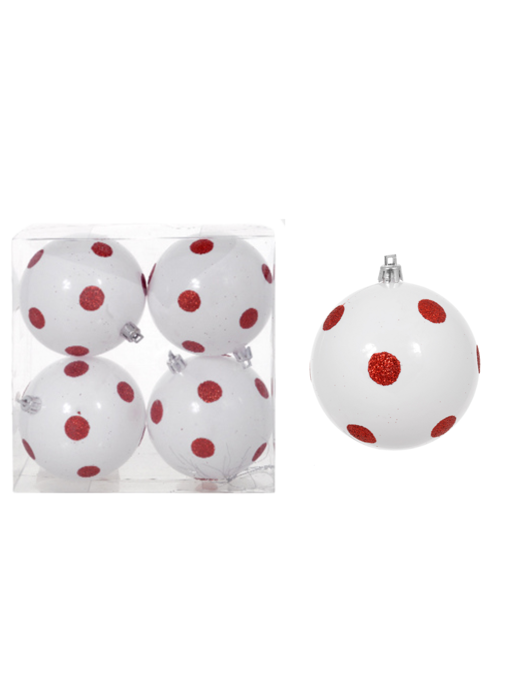 BOLA DECORADA NATAL PVC C/4 UND 8CM BRANCO E VERMELHO 