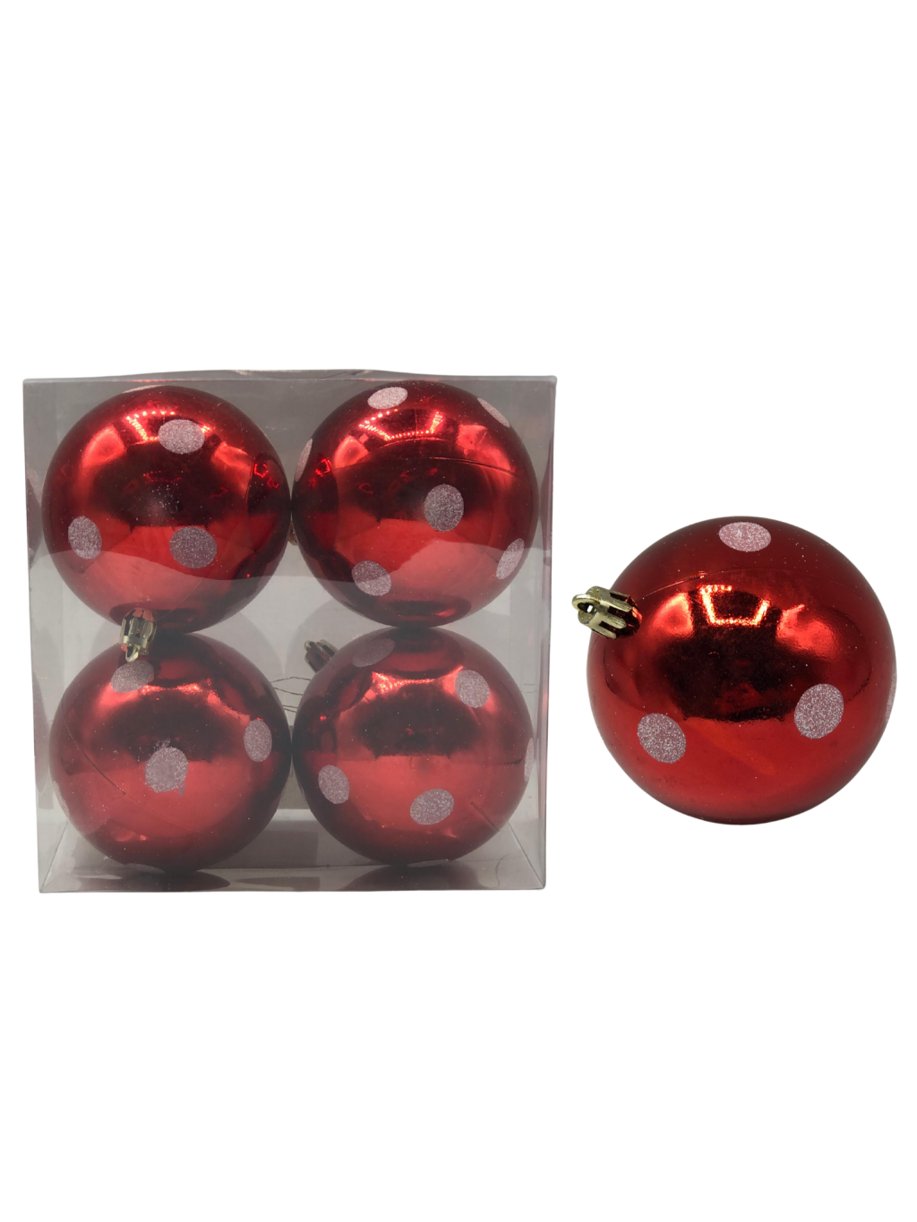 BOLA DECORADA NATAL PVC C/4 UND 8 CM VERMELHO E BRANCO  